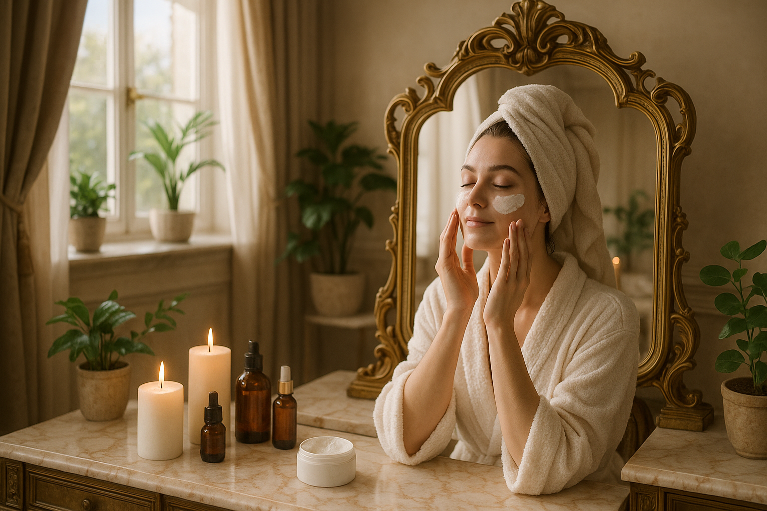 A beautiful girl doing skin care on a well decorated room, Infront of here there is a mirror.
